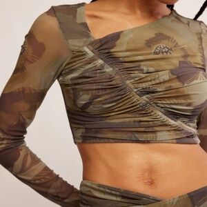 Free People Mesh Ruched Floral Crop Top Long Sleeve Earth Tone Brown Green M